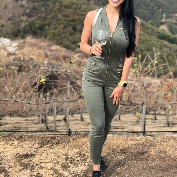 bebe olive green denim jumpsuit sleveless front zipper - Picture 5 of 17